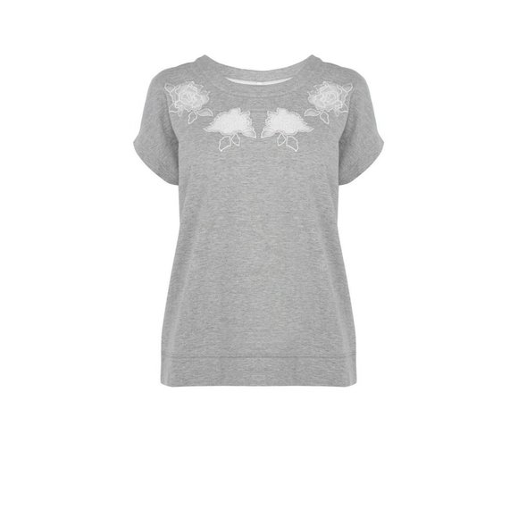 KAREN MILLEN Embroidered Tee Sheer Woven Back Women Size 8 S1-90144 - Picture 1 of 3